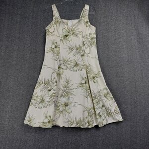 PACIFIC LEGEND WOMENS CREAM GREEN TROPICAL HAWAIIAN 100% COTTON VNECK DRESS SZ M